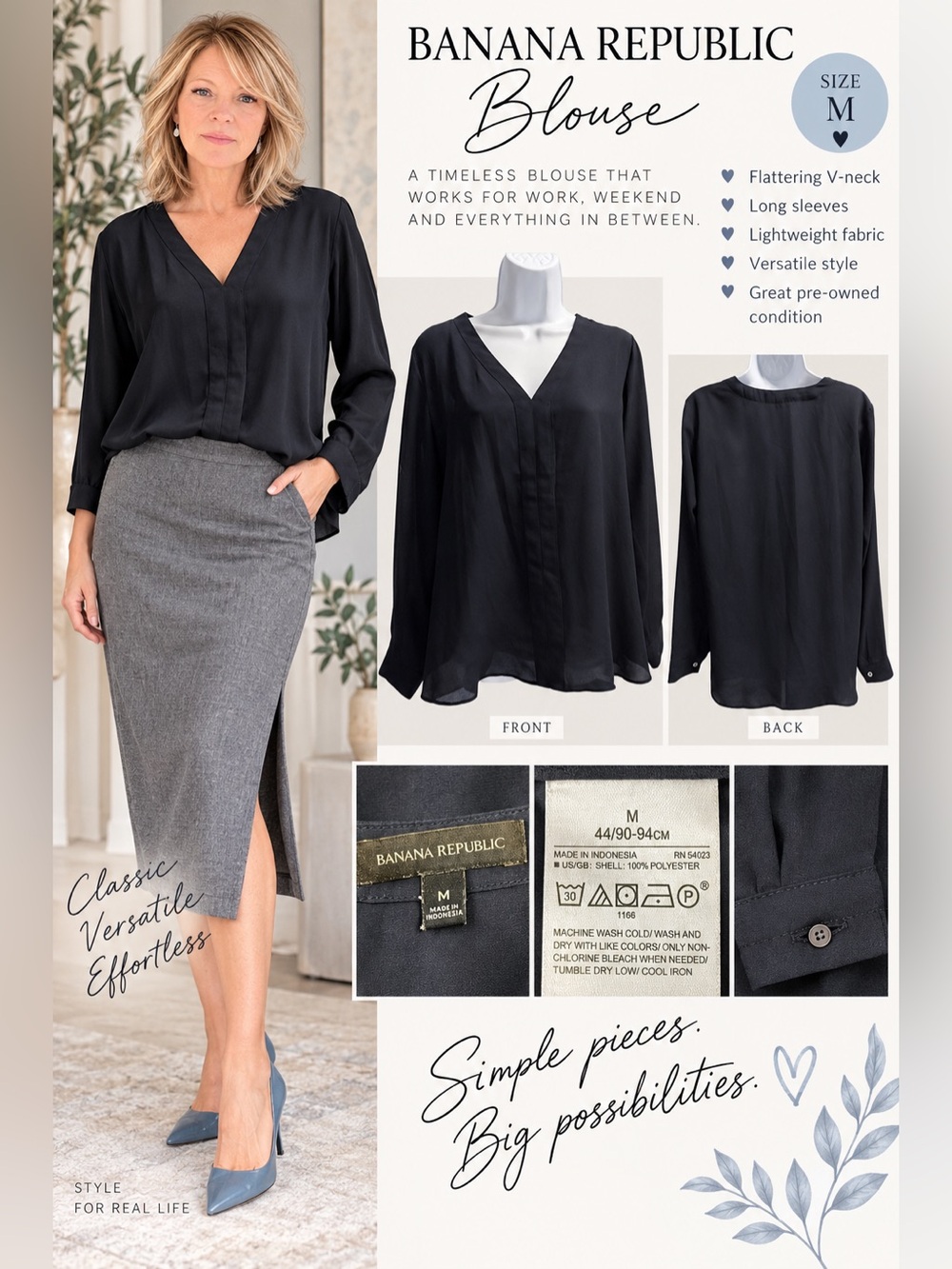 Banana Republic Navy V-Neck Long Sleeve Blouse - Size M